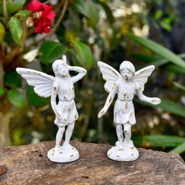 Sungmor Cast Iron Garden Angel Statue, Set of 2 Rustic White Garden Fairy Figurines, Creative Angel Pixie Collection Home Office Desk Decor, Indoor Outdoor Fairy Garden Accent Ornament