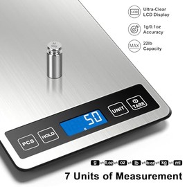 Fuzion Food Scale, 22lb/0.1oz Digital Kitchen Scale - 7 Units, Tare & PCS | Rechargeable Power, Tempered Glass & Stainless Steel - Digital Food Scale 