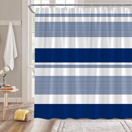 Navy Striped Shower Curtain Modern Abstract Geometric Stripes Blue White Bathroom Decor Fabric Curtain with Hooks,70" WX70 H Inches