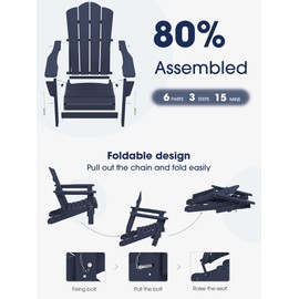KINGYES Folding Adirondack Chair, Relaxing Stackable|Arm Rest|Ergonomic HDPE All-Weather Adirondack Chair, Navy