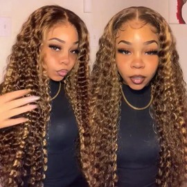 ZZMDS 34 Inch 13x6 Deep Wave Lace Front Wigs Human Hair Pre Plucked #4/27 Highlight Ombre Colored Glueless Wigs Water Wave Honey Blonde Lace Frontal Wigs Human Hair for Women with Baby Hair