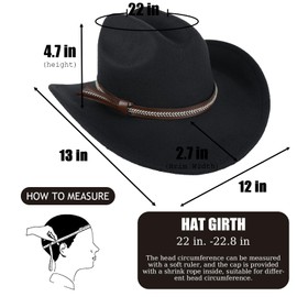 Wide Brim Felt Cowboy Hat for Men and Women,Roll Brim Jazz Hat with Strap Premium Quality Cowboy Hats for Men Cowboy Hats (Black)