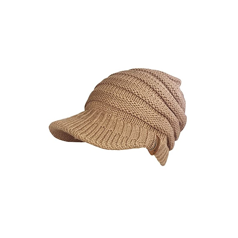 Ladies Slouchy Peaked Ponytail Messy Bun Knitted Beanie Hat Cap-Camel