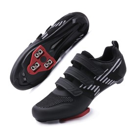 Unisex Road Bike Cycling Shoes Compatible with Peloton Shimano SPD Bike Riding Shoes for Men Women, 3 Straps, Pre-Installed Delta Cleats for Indoor Outdoor Cycling Biking Size 4.5 (Black-White)