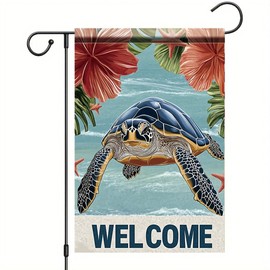 Tomhong Welcome Garden Flag Sea Turtle Beach Ocean Hibiscus 12x18 Inch Double Sided OutdoorYard Banner Tropical Coastal Summer Decoration for Patio Porch Poolside Lawn Garden Decor