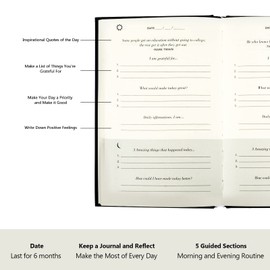 Gratitude Journal, 5 Minute Journal for Women, Undated Daily Planner Organiser, Achieve Your Goals with more Motivation, Mental Health & Happiness Daily Journal to Inspire a Happier for More Self Care 5.4'' x 8.3''(Black)