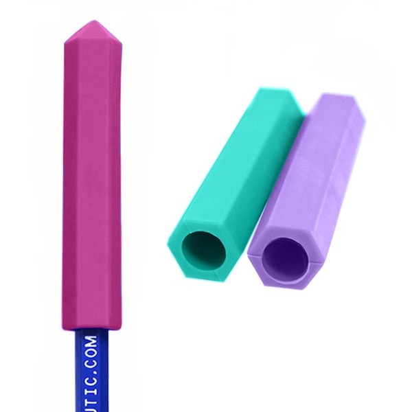 ARK's Krypto-Bite Pencil Topper Chewable Tubes - Made in The USA (Combo - 1 of Each Toughness, Magenta/Teal/Lavender)