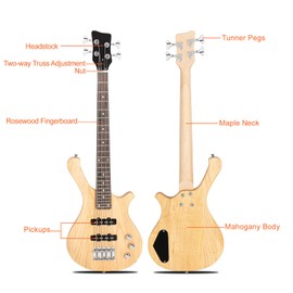 Ktaxon Ktaxon 4 String Electric Bass Guitar, 36-inch Bass Guitar Kit with Split single-coil Pickup, Rosewood Fretboard, Mahogany Body for Kids, Boy and Girl(Natural)