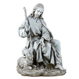Avalon Gallery Garden Statue - Jesus The Good Shepherd Stone-Resin Indoor/Outdoor Catholic Sculpture, 17.5" Tall, Seated with Sheep