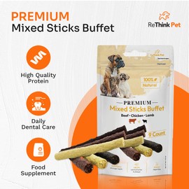 ReThink Pet Premium Mixed Sticks Buffet, Beef, Lamb, & Chicken All Natural Dog Treats, Dog Training Treats for Dogs of All Breeds & Sizes, 9-Piece Healthy Dog Treats