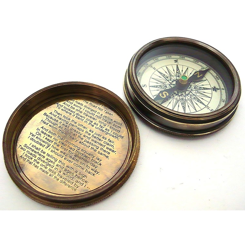 Antique Robert Frost Poem Compass-Pocket Compass w Leather Case