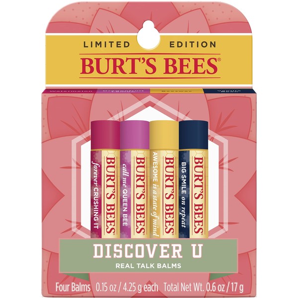 Burt's Bees Lip Balm, Moisturizing Lip Care, 100% Natural, Discover U - Original Beeswax, Watermelon, Dragonfruit Lemon & Vanilla (4 Pack)