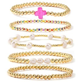 Bohxantium Gold Beaded Bracelets for Women, 5PCS Boho 14K Gold Ball Bracelets Stack Pink Stretch Gold Seed Beads Pearl Jewelry Set with Christian Cross Stackable Trendy Summer Friendship Birthday Gift