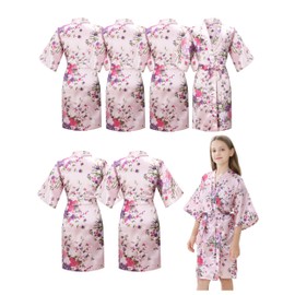 MEEYI 6Pcs Girls Silky Robes Birthday Girl Spa Party Wedding Bridal Party Flower Girl Robe Kimono (Pink-6-14)