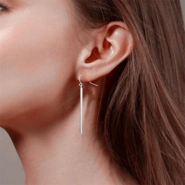 Minimalist Vertical Bar Dangle Drop Earrings Gold Silver Plated Vintage Simple Long Thin Cube Line Stick Geometric Lightweight Earrings for Women Birthday Christmas Party Fashion Jewelry (Silver)