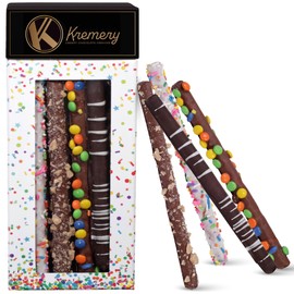 KREMERY Creamy Chocolate Cravings - Chocolate Covered Pretzel Rods Basket in Confetti Tower (10 Count) Appreciation Birthday Sweet Treats - Assorted Candy Toppings - Kosher Dairy