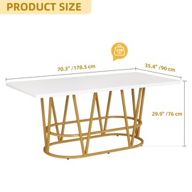 DWVO Modern Dining Table for 6-8 People, 70.3'' Large Kitchen Table with Faux Marble Tabletop and Gold Geometric Legs, Wooden Dinner Table for Dining Room Family Gathering, White & Gold