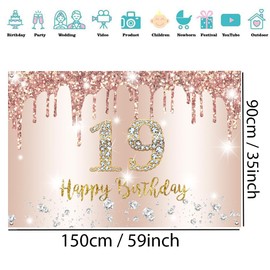 Happy 19th Birthday Decorations Backdrop Banner for Girls Happy 19 Years Old Party Sign Poster Woman 19th Birthday Rosegold Photography Background 19th Birthday Party Supplies, 150x90cm