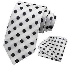 LJBFNN Mens Tie and Pocket Square Combo, Black Blue and White Polka Dot Ties for Men with Handkerchief for Business Tuxedo (Big:White,Black)