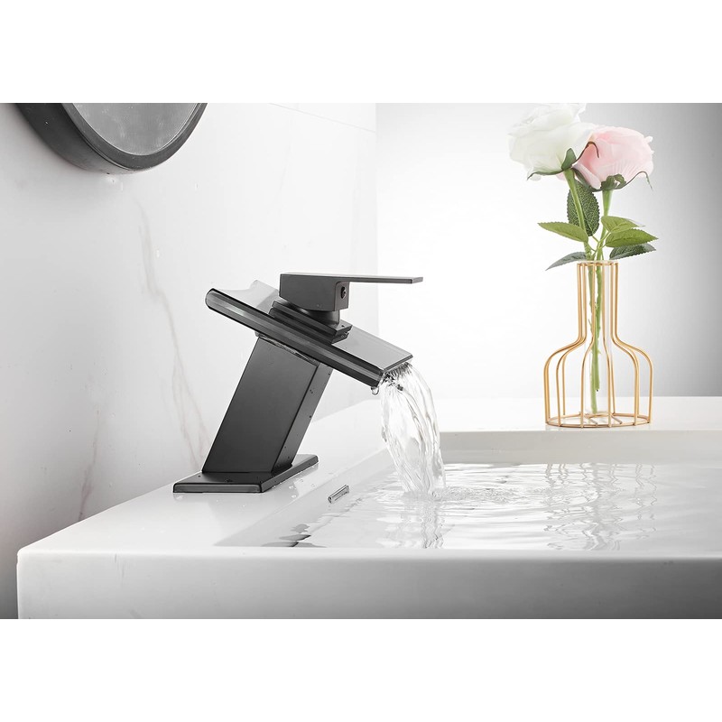Bathroom Faucet Black Waterfall Glass Spout Single Handle One Hole