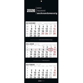 3-Monatskalender Black 2026 - Büro-Kalender 33x20 cm (geschlossen), 33x80 cm (geöffnet) - faltbar - mit Datumsschieber - Alpha Edition