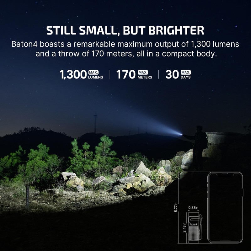 OLIGHT Baton4 Rechargeable EDC Flashlight, LED Pocket Light 1300 Lumens