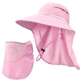 Sun Hats for Men Women Detachable Face Cover Wide Brim Fishing Hats with Neck Flap UPF 50+ Outdoor Safari Hats Pink