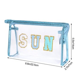 Hmxpls Clear Preppy Patch Makeup Bag, Sun Chenille Letter Bag for Beach, Pouch With Zipper, Travel Cosmetic Toiletry Bag for Women Girls Teens (Blue)