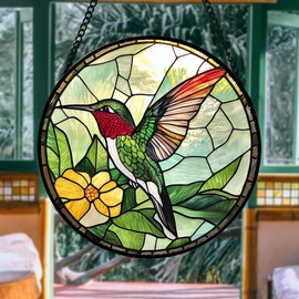 AMDERVEN Stained Glass Window Hanging, Green Hummingbird Sun Catcher for Door Home Decor, Birds Suncatcher Christmas Mother's Day Birthday Gifts for Bird Lovers Women Men Mom and Nana 7.8 in