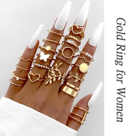 iF YOU 30 Pcs Vintage Gold Knuckle Rings Set, Boho Butterfly Snake Stackable Finger Rings for Women, Silver Midi Rings Pack (Gold gem 24 pcs)