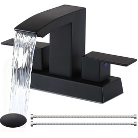 Friho Black Waterfall Bathroom Faucet, 4 Inch Centerset Bathroom Sink Faucets, 3 Hole 2 Handle with Square Spout, Pop up Drain and Water Hoses for Lavatory RV Vanity