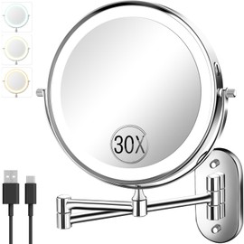 30X/1X Wall Mounted Lighted Makeup Mirror, 8'' Double Sided Rechargeable Magnifying Bathroom Mirror with Light, 3 Color Lighting Touch Dimmable Extended Arm 360 Rotation Light up Mirrors
