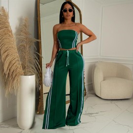 CHEZVOGUE Women's Summer 2 Piece Outfits Strapless Striped Crop Tops & Wide Leg Pants Sets Sexy Two Piece Sets