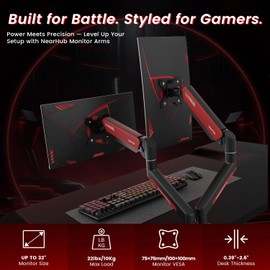 Dual Monitor Mount Gaming for Computer Screen 13-32" and up to 22 lbs,360° Rotation,+90° to -45° Tilt,180° Swivel,with C Clamp and Grommet Base,Integrated Cable Management,75x75/100x100 VESA,RED