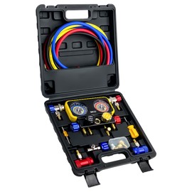 BACOENG AC R1234YF Gauge Set, Automotive 4 Way R1234yf Refrigerant Recharge Kit, R134A AC Manifold Gauge Set with 5FT Hoses for Car Charging and Evacuation