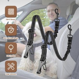 Dog Seat Belt, 2Pcs Adjustable Retractable Dog Leash, Nylon Pet Safety Seat Belt with Heavy Duty & Elastic Bungee Buffer for Small Medium Large Pets Travel (Black)