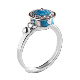 JAJAFOOK 925 Silver Rotating Rings Buddhist Tibetan Prayer Wheel Lotus Ring Good Luck Adjustable Ring