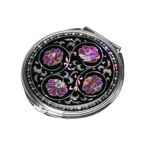 Mother of Pearl Purple Flower Art Deco Black Round Double Compact Handbag Purse Makeup Cosmetic Pocket Hand Mirror with Arabesque Design