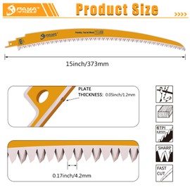 PAYA TOOLS 15 Inch 6TPI Japanese Teeth Reciprocating Saw Blade, Curved Edge Wood Pruning Saw Blades for Tree Trimming, Wood Cutting (3-Pack)