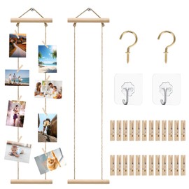 COZHYESS Set of 2 Hanging Photo Display Board with Mini 30 Wooden Clips, DIY Photo Board Photo Pegs and String Picture Hanging String Multi Photo Frames, for Home Decoration, Living Room, Bedroom