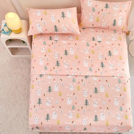Yibeizi Pink Bunny Twin Sheets Set for Girls, Kids Cute Bedsheets Microfiber Deep Pocket Bed Sheet & Pillowcase Sets 3 Pieces
