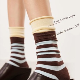 Fszsaa 4PACK Fake Double Layer Striped Crew Socks For Women Fun Novrlty Striped Mid Calf Cotton Casual Tube Socks