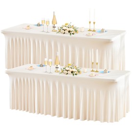 Wish Care 2 Pack Stretch Spandex Table Clothes for 8 Foot Rectangle Tables, 8FT Wrinkle Free Fitted Tablecloths Ruffles Design Table Cover for Party, Banquet, Wedding and Events