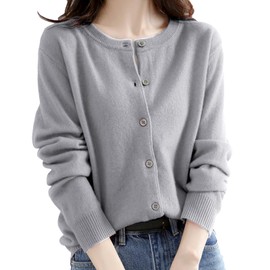 Precoco Women's 21 Color Cardigan, Simple, Cute, Solid Color, Knit, Spring, Autumn, Round Neck, Top, Long Sleeve, S - XL, gray