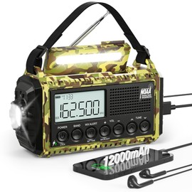 12000mAh/44400mWh Weather Radio, Hand Crank Emergency Radio Portable AM FM Shortwave, Solar Rechargeable Battery Powered Radio with NOAA Alert, USB-C Charger & Adapter, SOS Flashlight for Emergency