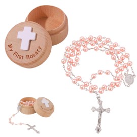 Rosary Beads Necklace, Baptism Gifts for Girls Christening Gifts for Girls, Christening Presents for Girls with Box, Pink Rosary Necklace First Holy Communion for Baby Baptisms Party Gift