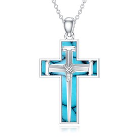 MEIDERBO Nail Cross Necklace for Men 925 Sterling Silver Three Nail Cross Pendant Turquoise Cross Christian Jewelry Gifts for Men Husband Brother