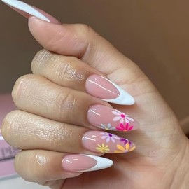 Umillars French Press on Nail Tips Long Almond Fake Nails with White Pearls Bow Designs Pink Full Cover Glue on Nails Press on Acrylic False Nails Stick on Nails (26-W880)