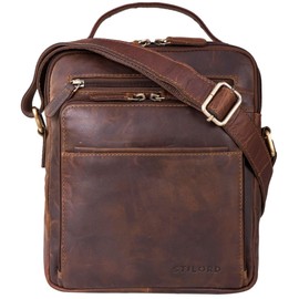 STILORD 'Ivan' Men's Handbag, Leather Messenger Bag, Men's Shoulder Bag, Real Leather Shoulder Bag with Handle, Compact, Cognac - Dark Brown, shoulder bag
