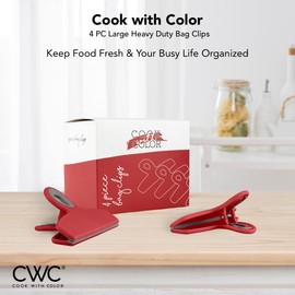 Cook with Color Set of 4 Large Heavy Duty Bag Clips- 5" Chip Bag Clips, Large Food Clips for Food Storage with Air Tight Seal Grip for Bread Bags, Snack Bags and Food Bags - (Red)